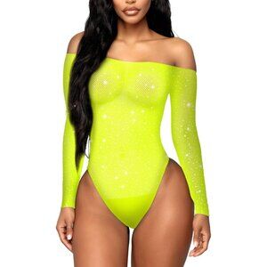 Women Yellow 1 Lingerie Fishnet Teddy Sparkle Rhinestone One Piece Mesh Bodysuit